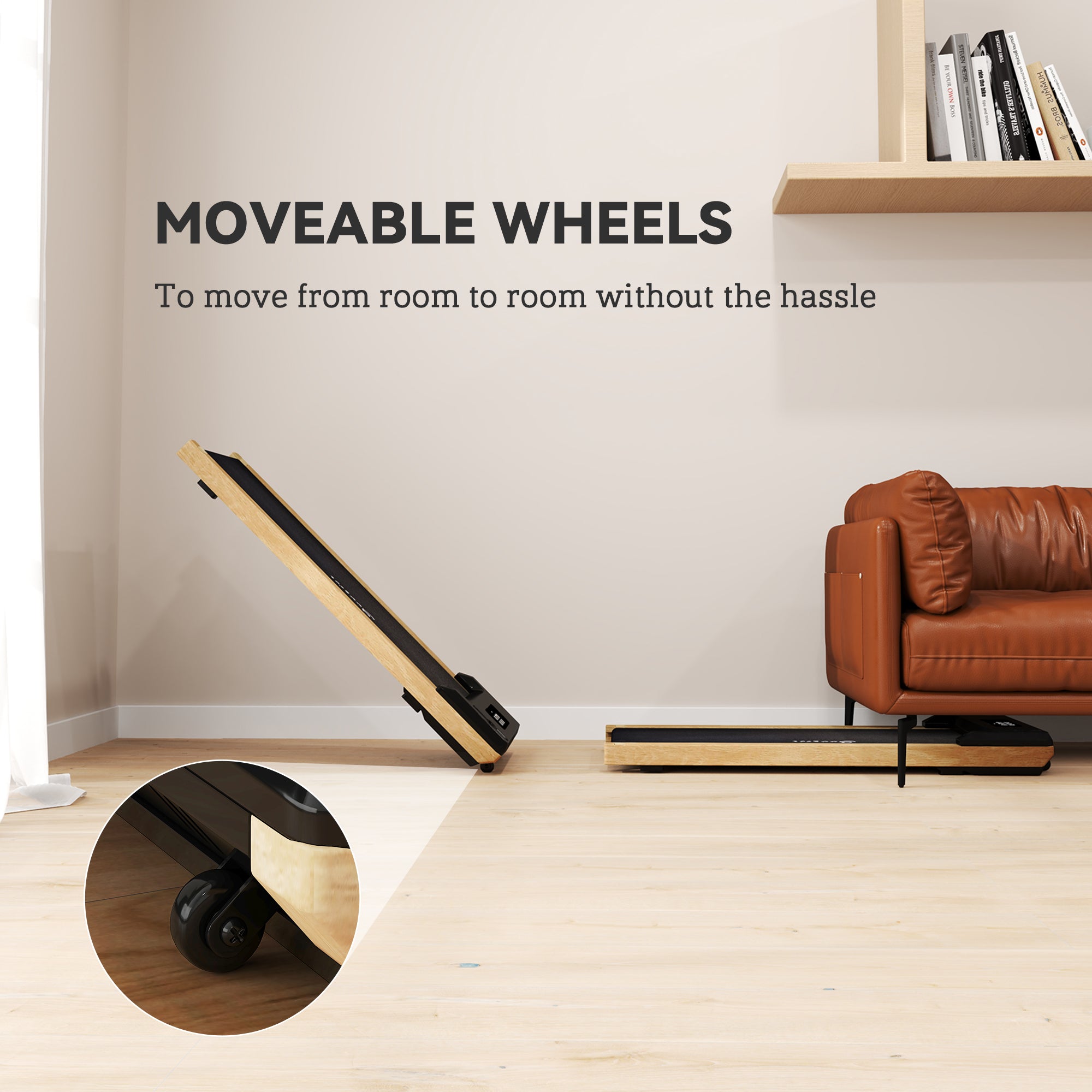 2.5HP Walking Pad, Wood Under Desk Treadmill with Remote Control, Transport Wheels and LED Display for Home Gym Office