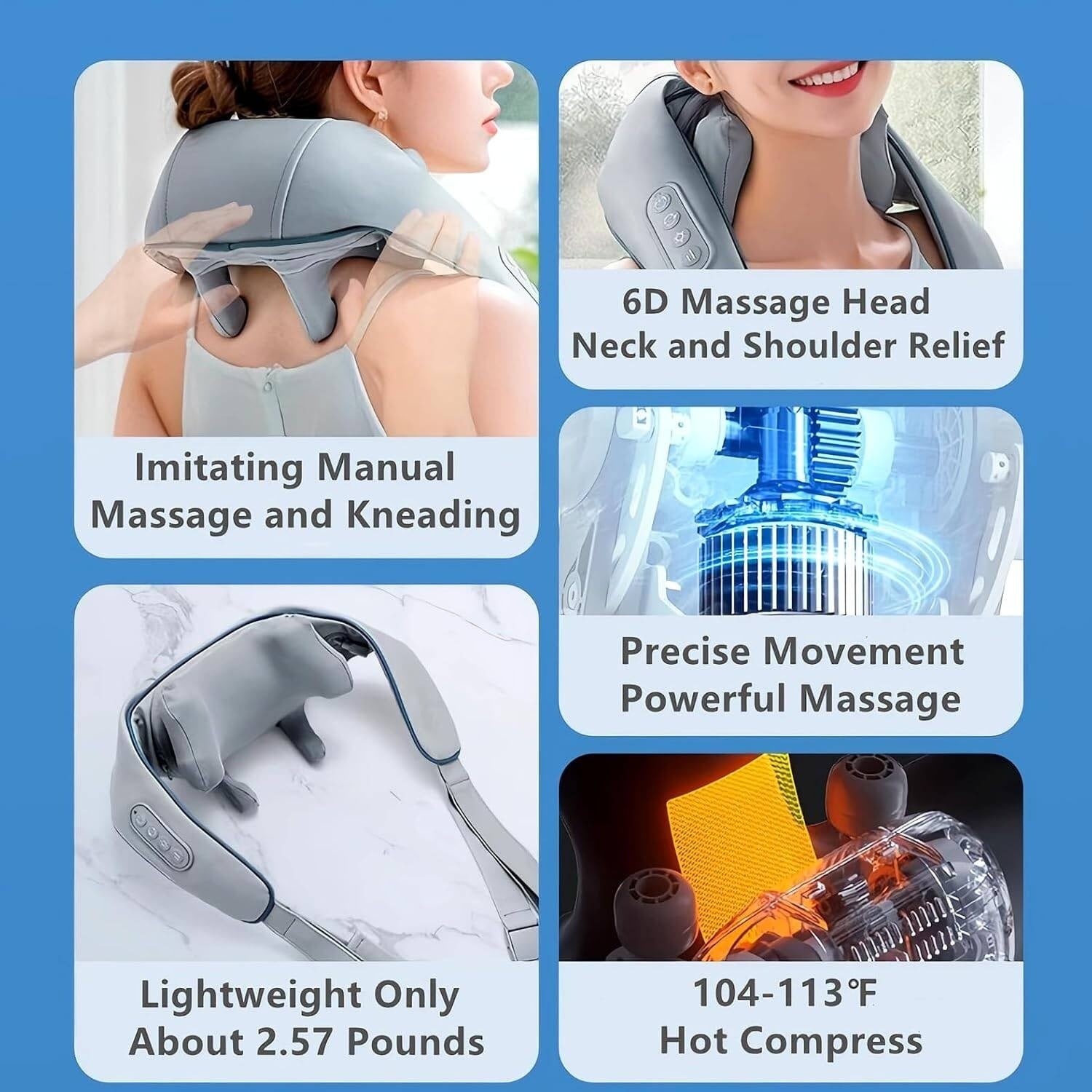 6-Way Kneading Neck Massager For Pain Relief Deep Tissue  Portable Cordless Electrical Cervical Neck Massager Multi-Point Shiatsu Massager For Shoulder, Back, Waist & Limbs, Adjustable Intensity